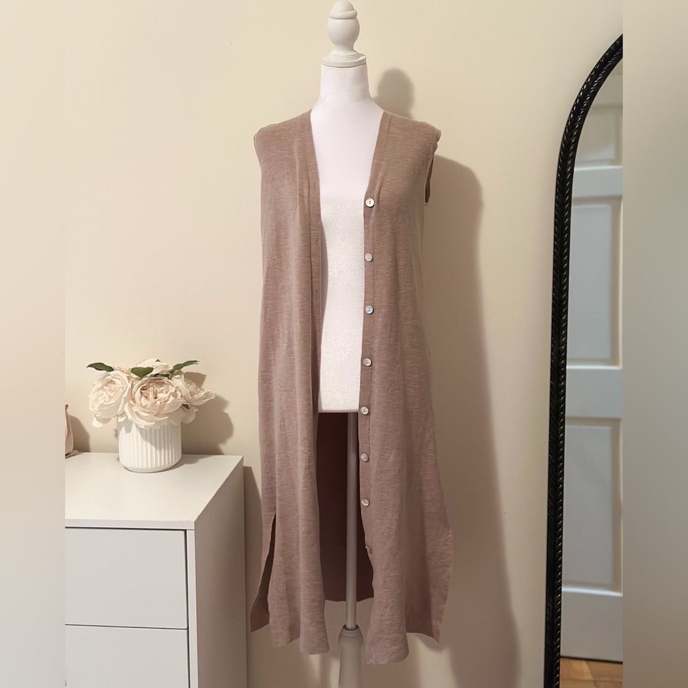 Zara Long Knit Vest Sleeveless Cardigan | Taupe | Size S